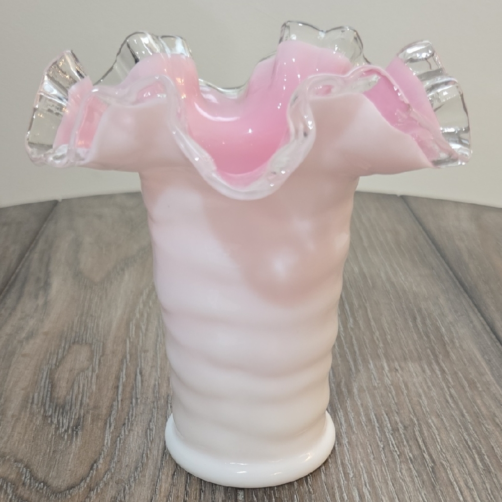 Vintage Fenton Pink and White Ruffled Milk Glass Vase